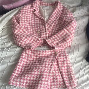 Zara Kids Pink and White Houndstooth Blazer and Skirt Set